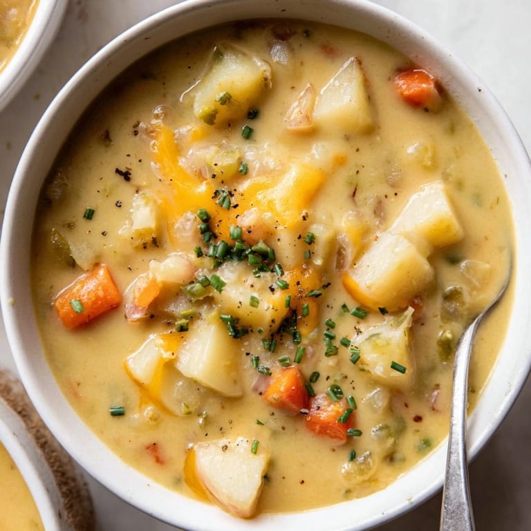 Nahaufnahme einer cremigen Schüssel Beer Cheese Potato Soup, goldener Käse wirbelt für Komfort.