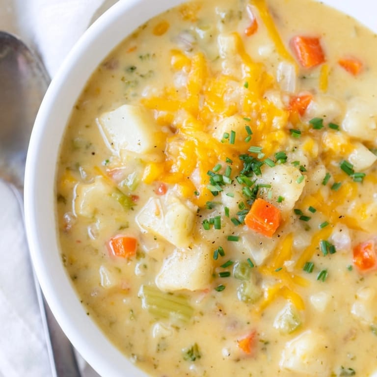 Hausgemachte Beer Cheese Potato Soup: Kartoffeln, Käse und Bier vermengen sich für eine köstliche Mahlzeit.