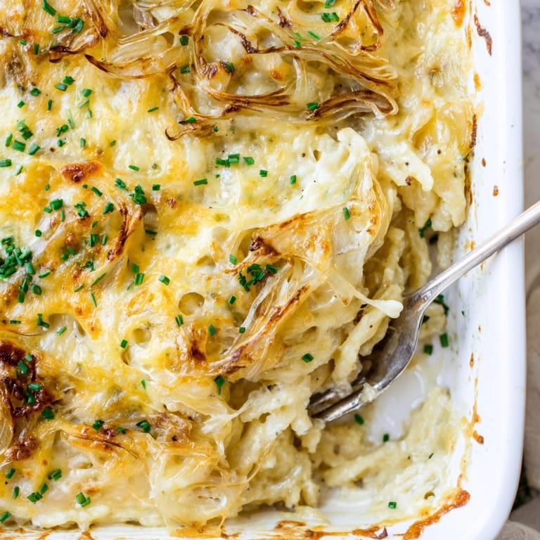 Hausgemachter Käse-Spätzleauflauf mit goldbraunem Käse, der ein unwiderstehliches, deftiges Gericht präsentiert.