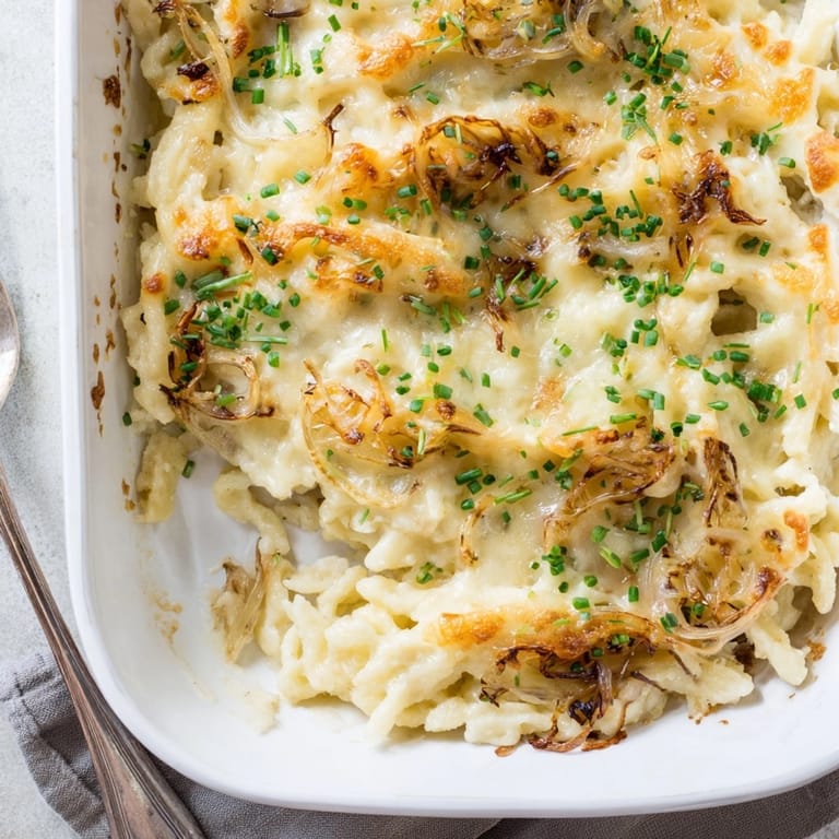 Nahaufnahme von geschmolzenem Käse auf Spätzle, ein köstlicher Käse-Spätzle Auflauf, bereit zum Servieren.