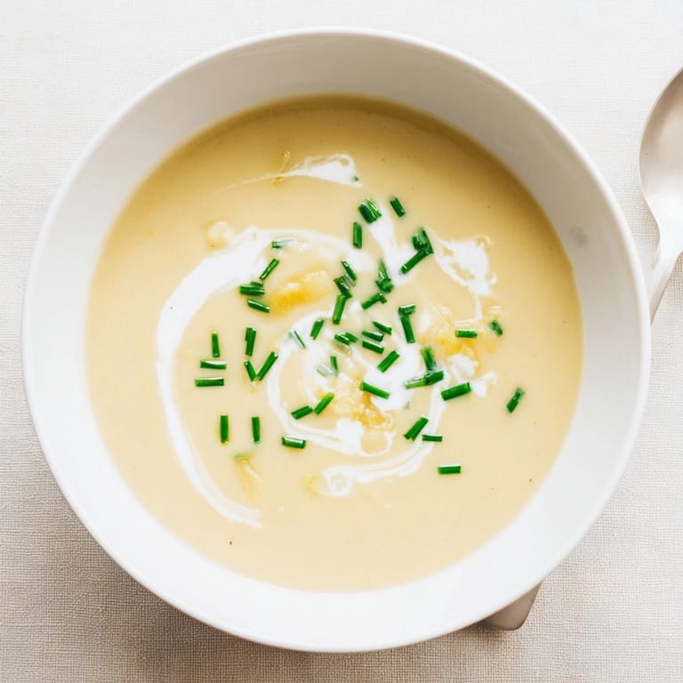 Hausgemachte Cremige Kartoffel-Lauch-Suppe, serviert mit knusprigem Brot – ein herzhaftes Essen.