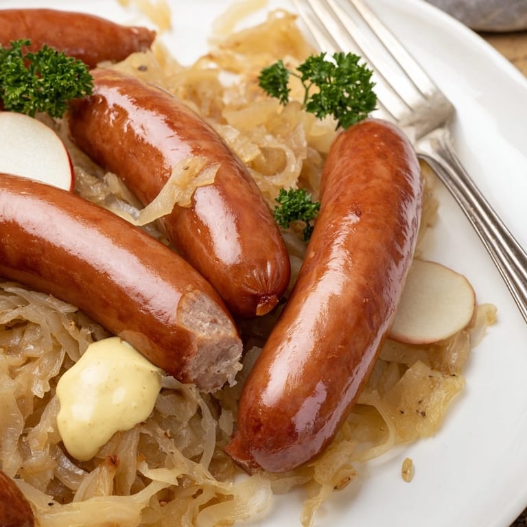 Juicy Knackwurst sausages atop flavorful Oktoberfest sauerkraut, a perfect dish for cozy nights.