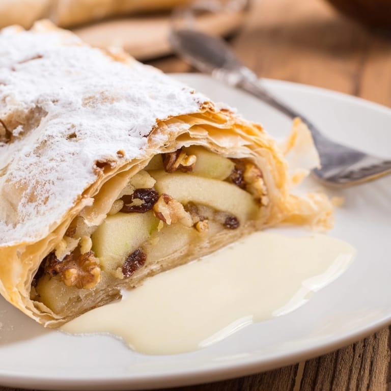 Ein Stück warmer Apfelstrudel, besprenkelt mit Puderzucker, perfekt für einen gemütlichen Dessertmoment.