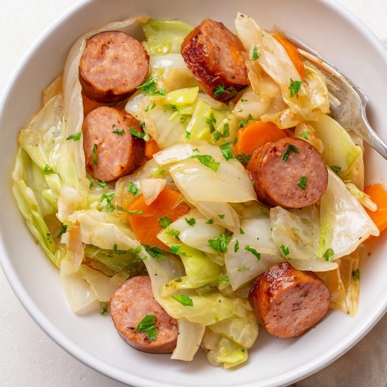 Einfache One-Pan Sausage & Cabbage Skillet, ein farbenfrohes Gericht mit geräucherter Wurst und knackigem Gemüse.