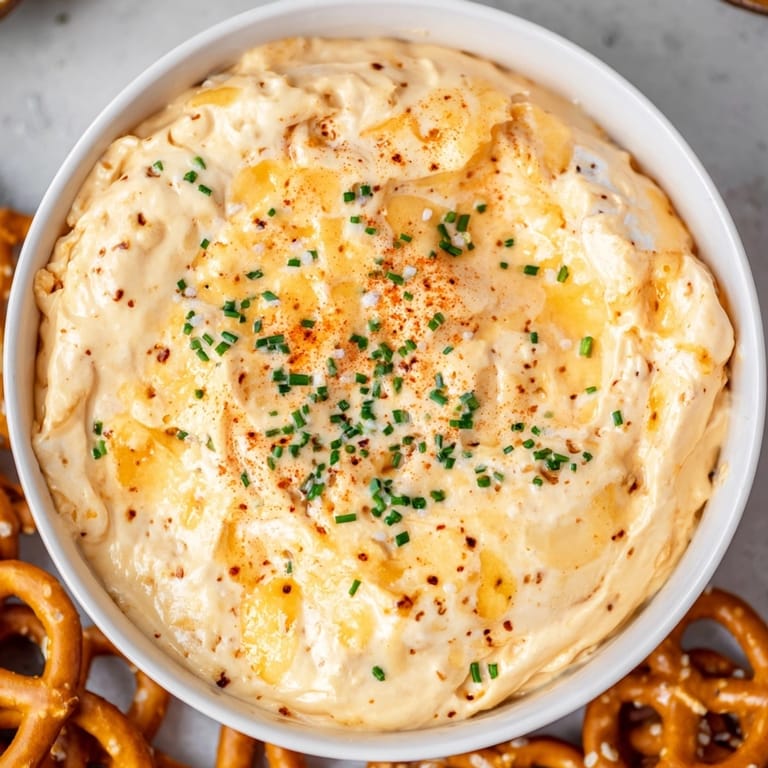 Genießen Sie köstlichen bayerischen Bierkäsedip mit warmen Brezeln – ein unvergesslicher Genuss.