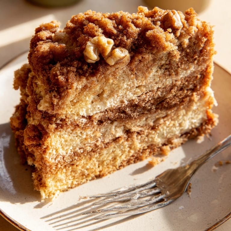 Nahaufnahme von Cinnamon Streusel Coffee Cake: Goldene Krümel und köstliche aromatische Zimtstreusel sichtbar.