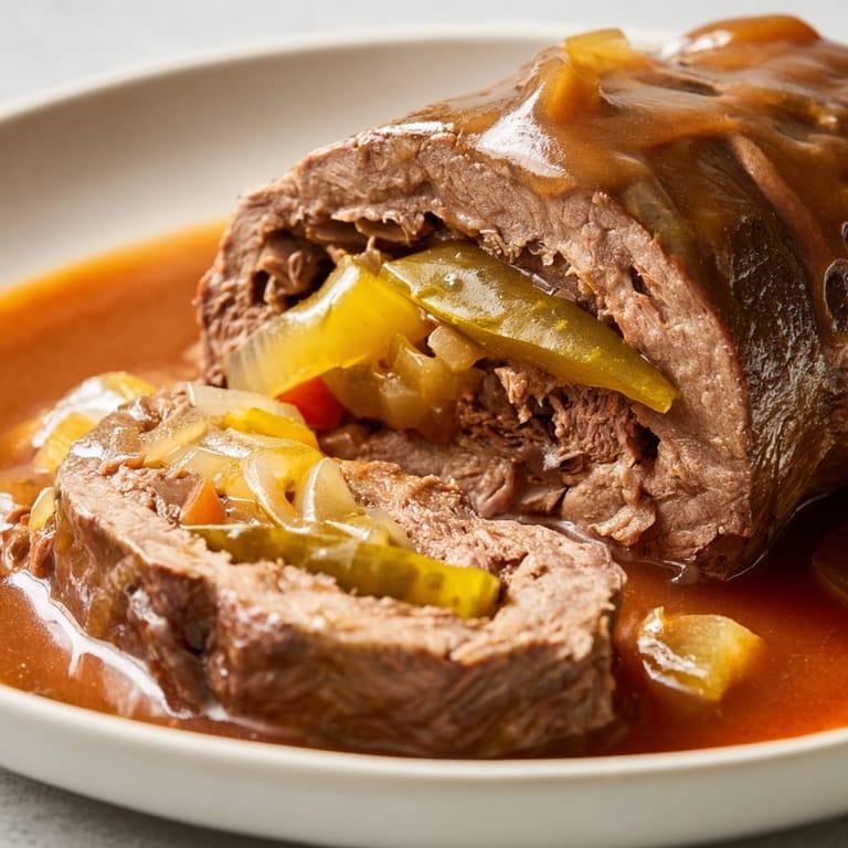 Herzhaftes Rinderrouladen-Rezept: Zarte Fleischscheiben gefüllt mit Speck und Zwiebeln, geschmort in reicher Soße.