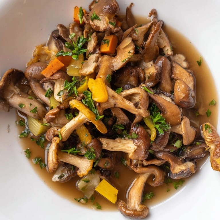 Nahaufnahme des cremigen, aromatischen Wildpilzragouts, ideal für warme Baguettescheiben oder Pasta-Gerichte.