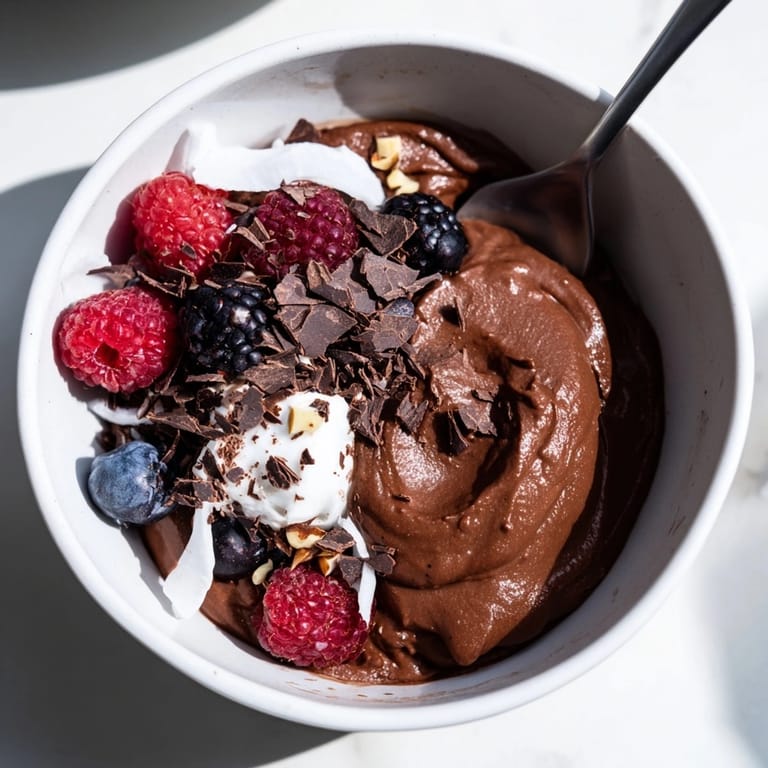 Sämiger, dunkler Veganer Avocado-Schokoladenmousse: einfacher Nachtisch aus dem Mixer, verziert mit veganen Schokoladenraspeln.