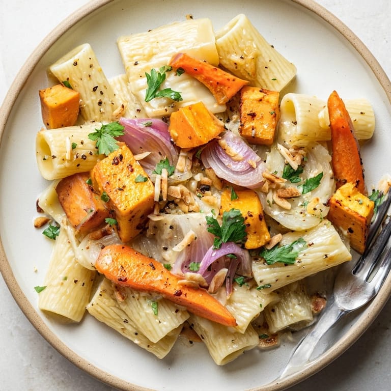 Nahaufnahme einer nahrhaften Wintergemüse-Pasta mit Mandelsoße, garniert mit frischer Petersilie und Pfeffer.