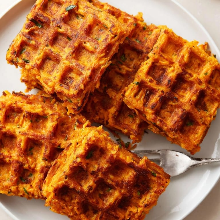 Detaillierter Blick auf einen Stapel duftender Savory Sweet Potato Waffles, optional mit Toppings versehen.