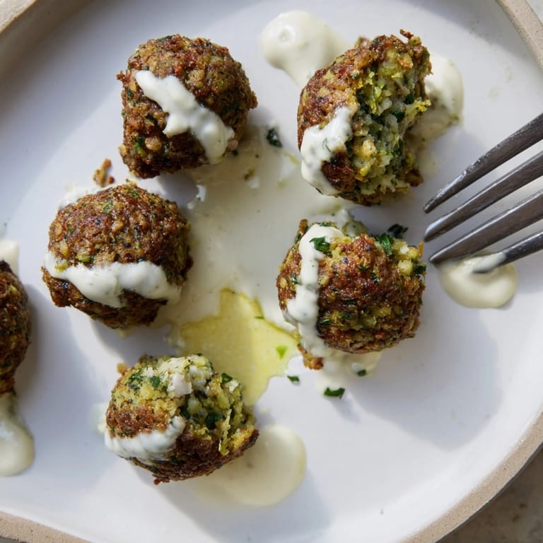 Nahaufnahme von frisch frittierten Falafel mit Koriander und Tahini, ein Fest für die Sinne.