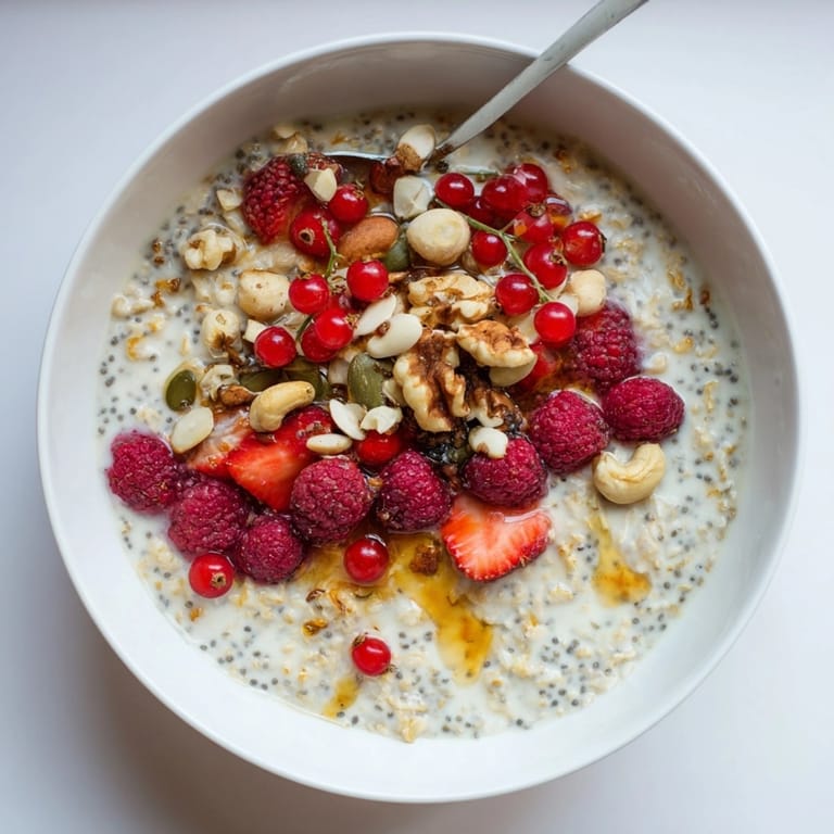 Schüssel mit dampfendem Haferbrei mit Chiasamen, belegt mit frischen roten Beeren und gerösteten Nüssen.