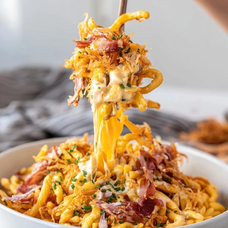 Herzhafte Spätzle Mac and Cheese Chaos Bowl, warm und sättigend, ideal für kalte Abende.