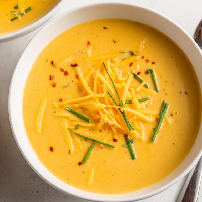 Wärmende veganer Bierkäse-Pumpkin-Suppe mit goldener Farbe und cremiger Konsistenz.