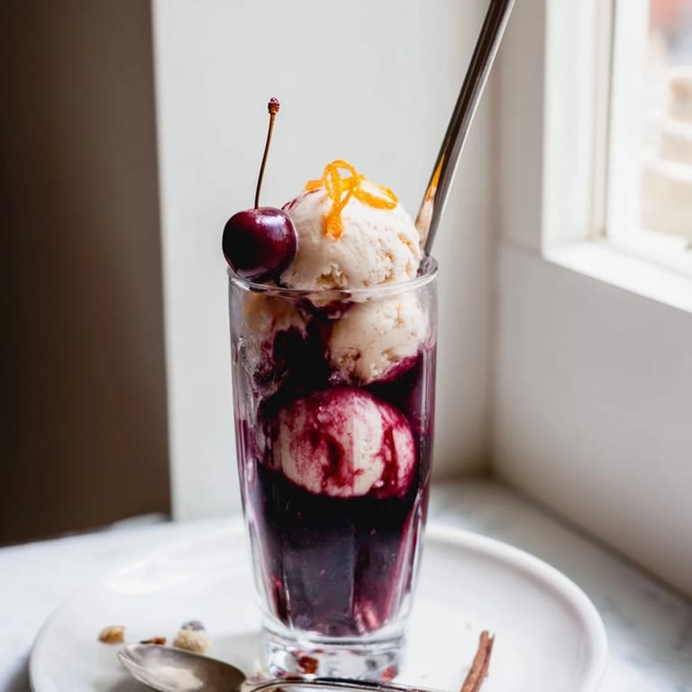 Erfrischender Cherry Glühwein Soda Float, serviert mit frischen Kirschen und Zimtstangen.