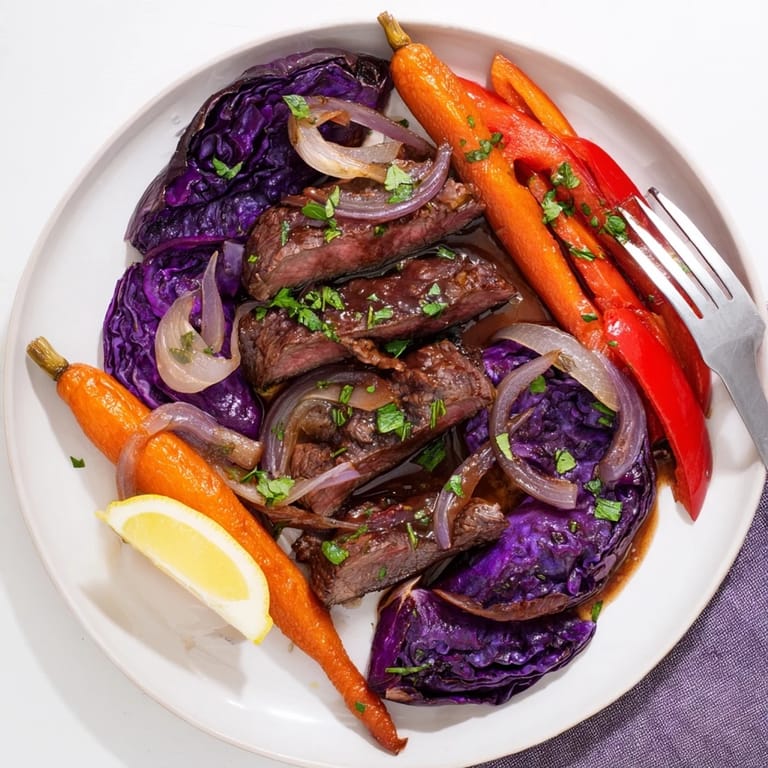 Leckeres Beef & Rotkohl-Blechgericht, voller Zartheit und bunter Aromen.