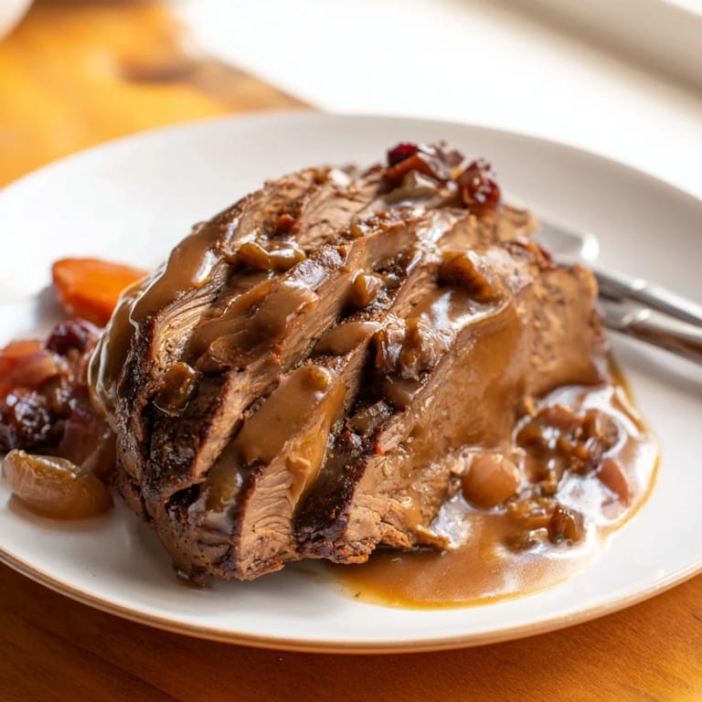 Langsam gekochter Sauerbraten-Stil-Rinderbraten mit aromatischer Soße und Rosinenstückchen.