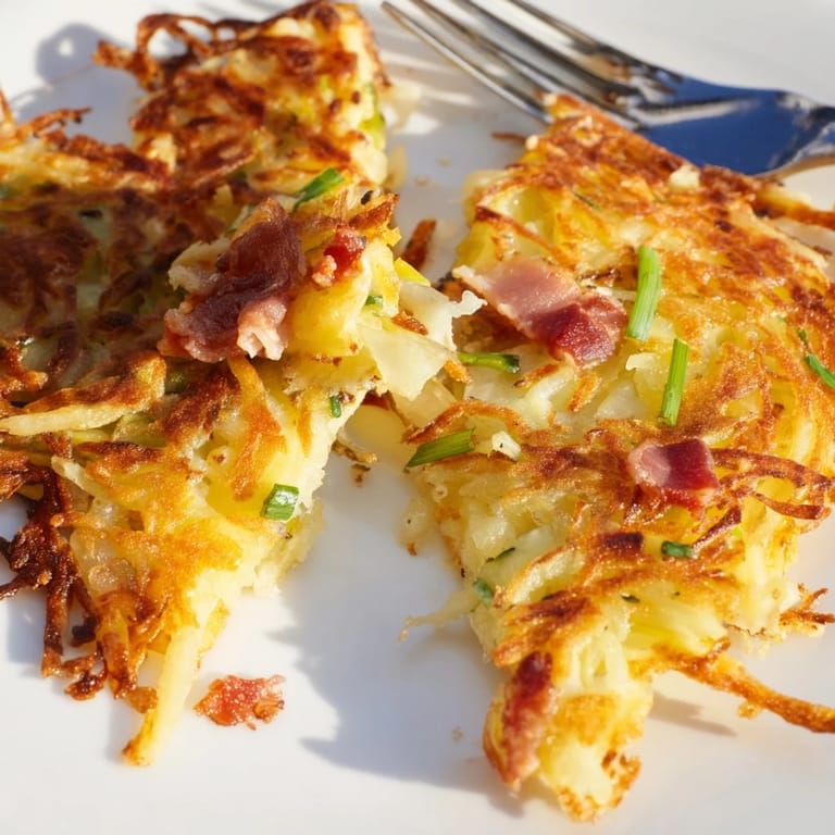 Goldene Käse- und Speckkartoffelrösti, ideal für Frühstück oder herzhaften Brunch.  