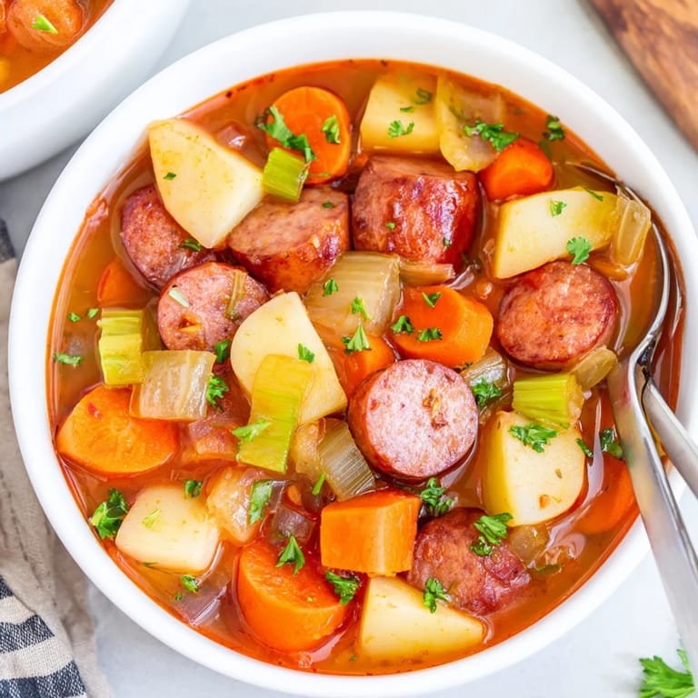 Ein rustikales Smoked Sausage Stew, perfekt für eine gemütliche Familienmahlzeit.