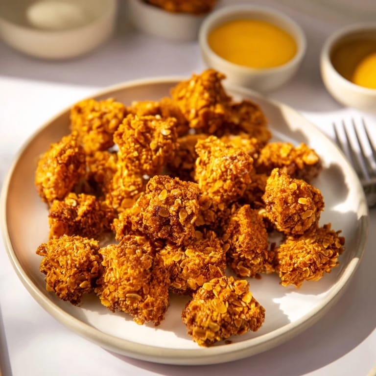 Golden-brown pretzel coated chicken bites ready for a tasty appetizer feast.  