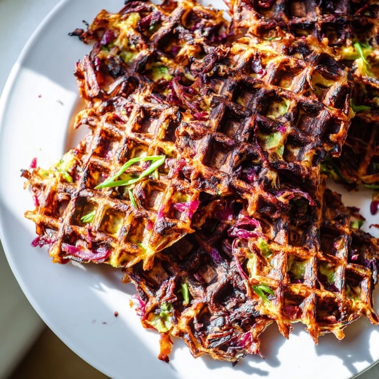 Herzhafte Crispy Red Cabbage Waffles, ideal für einen farbenfrohen Brunch-Tisch.