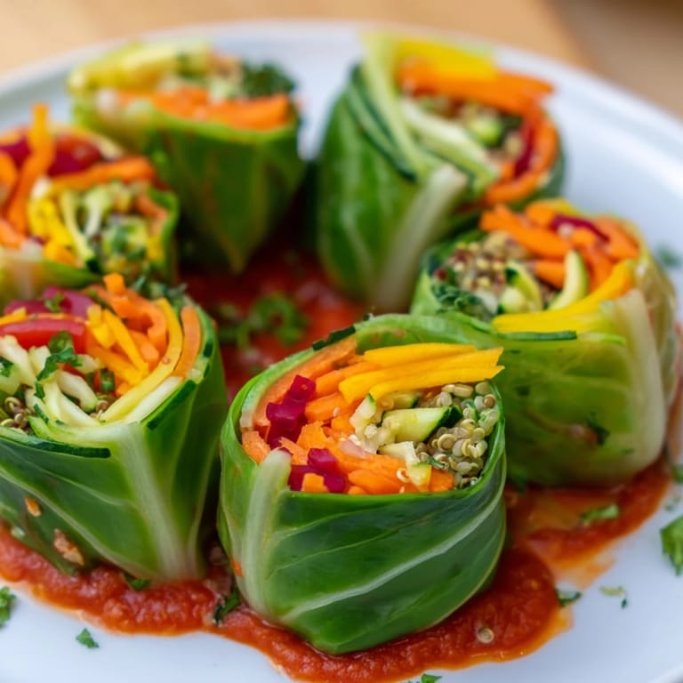 Zarte, gefüllte Kohlblätter mit würzigem Sauerkraut und buntem Gemüse, voller Geschmack.