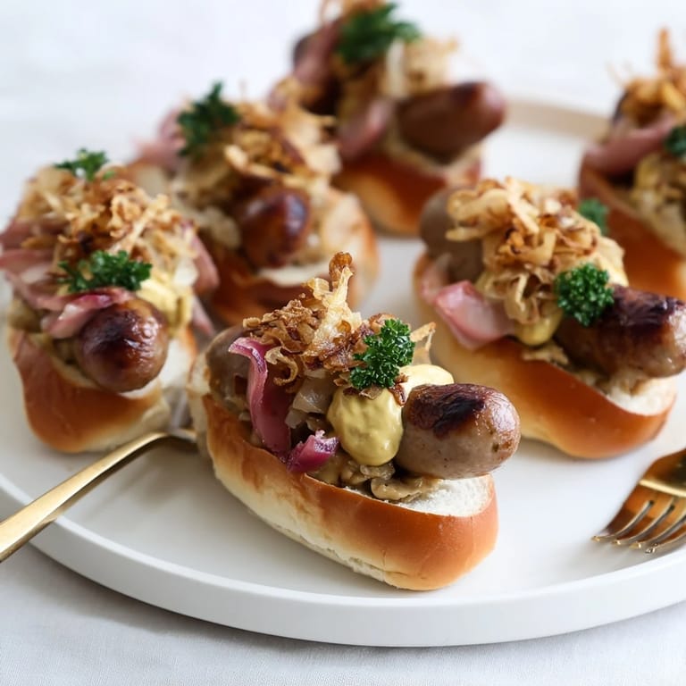 Gegrillte Mini-Bratwurst-Slider mit Senf, Zwiebeln und knusprigem On top.