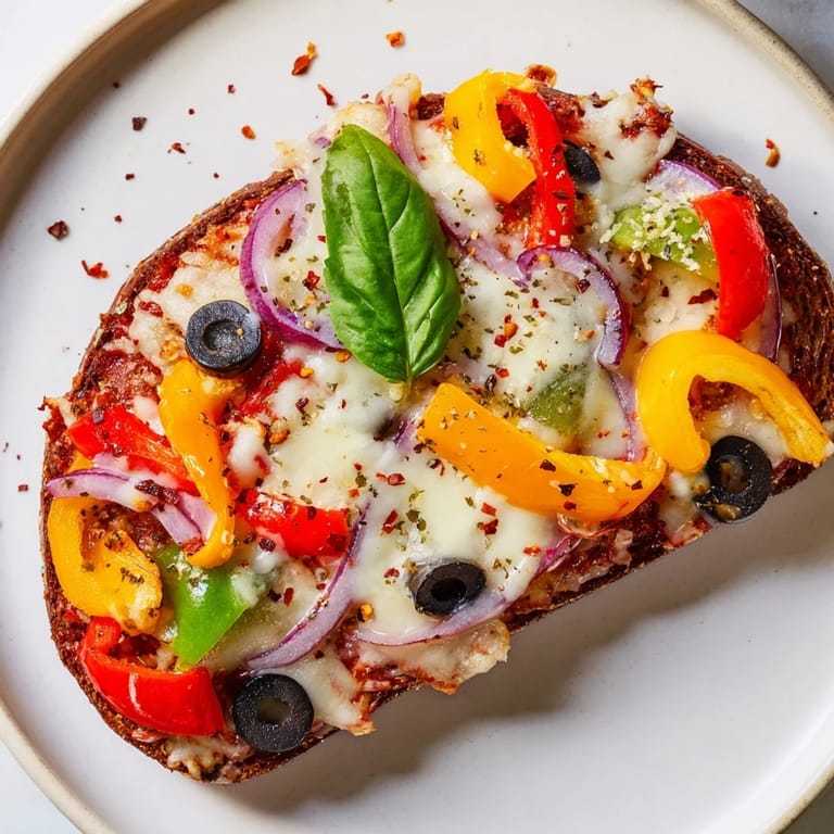 Überbackener Marble-Rye-Pizza-Toast mit frischem Basilikum, herzhaft und sättigend.