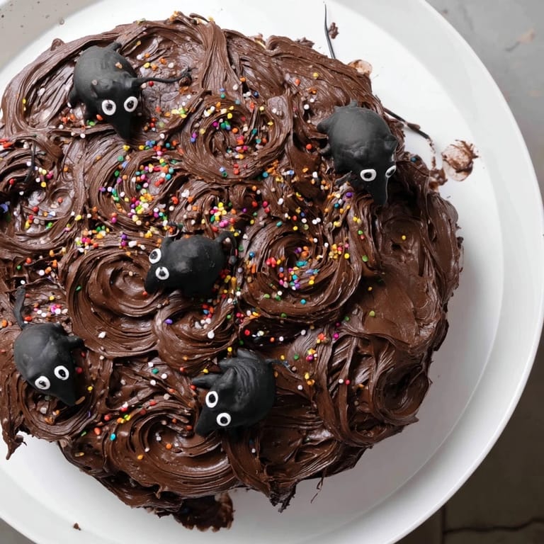 Close-up of a whimsical Chaotic Rat Cake, featuring chocolate rats and chaotic frosting swirls.