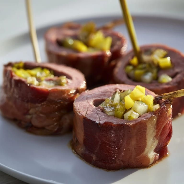 Close-up of freshly cooked Mini Rouladen, filled with mustard and bacon, ready to enjoy.