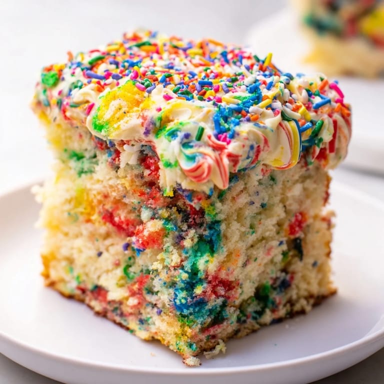 A whole Chaotic Funfetti Cake, a festive American dessert with bright sprinkles and vibrant frosting.