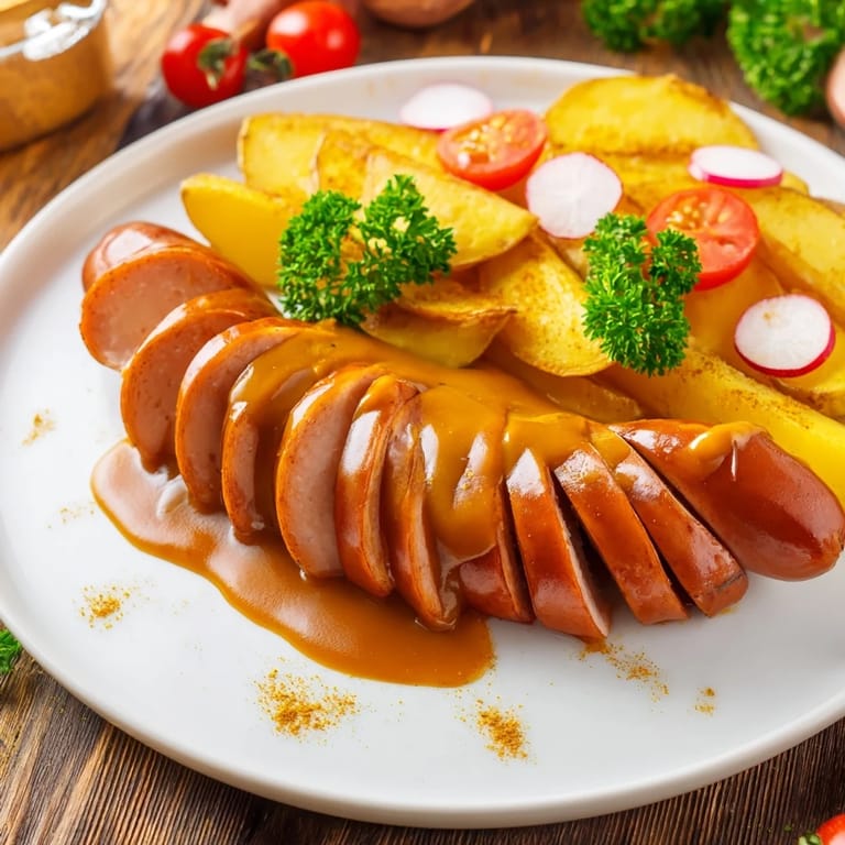 Succulent Currywurst on a sharing board, surrounded by golden fries and diverse mustard selections.