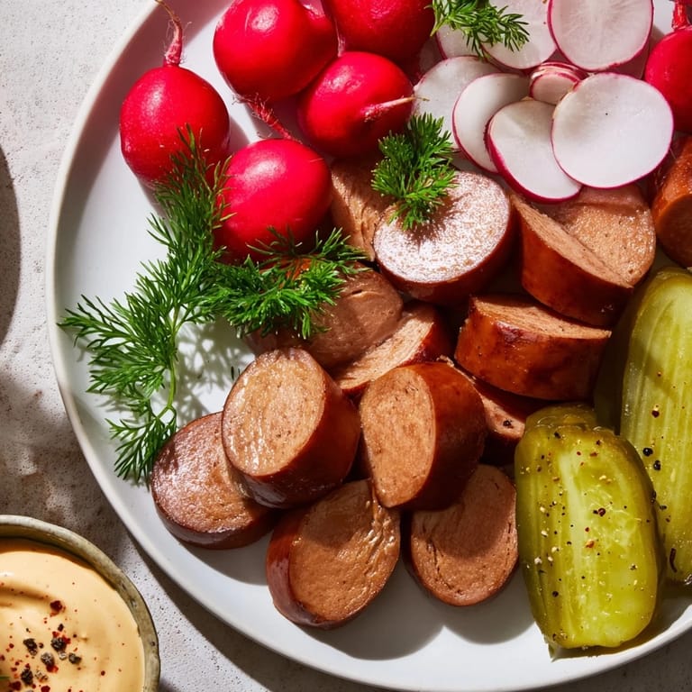 Hearty vegan German sausage board arranged with fresh pretzels, colorful veggies, and zesty sriracha dipping sauce.