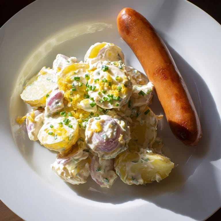 A close-up of creamy potato salad with sausages, a classic German comfort food dish.