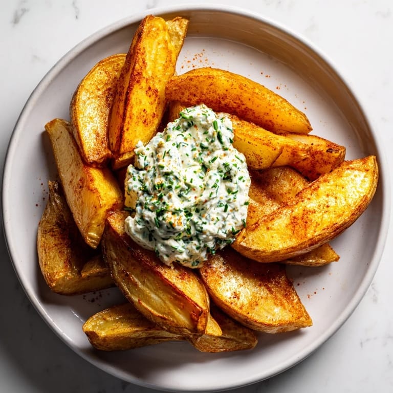 Perfectly cooked Crispy Oven-Baked Potatoes with herb quark, a gluten-free and vegetarian side dish.