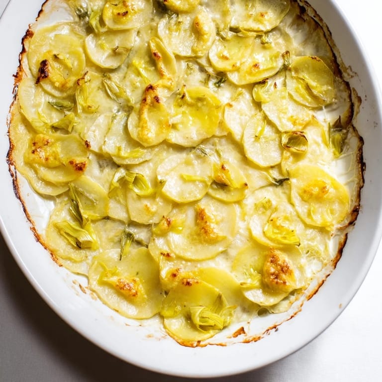 Close-up of freshly baked Potato and Leek Oven Gratin, showing layers of potatoes and creamy sauce.