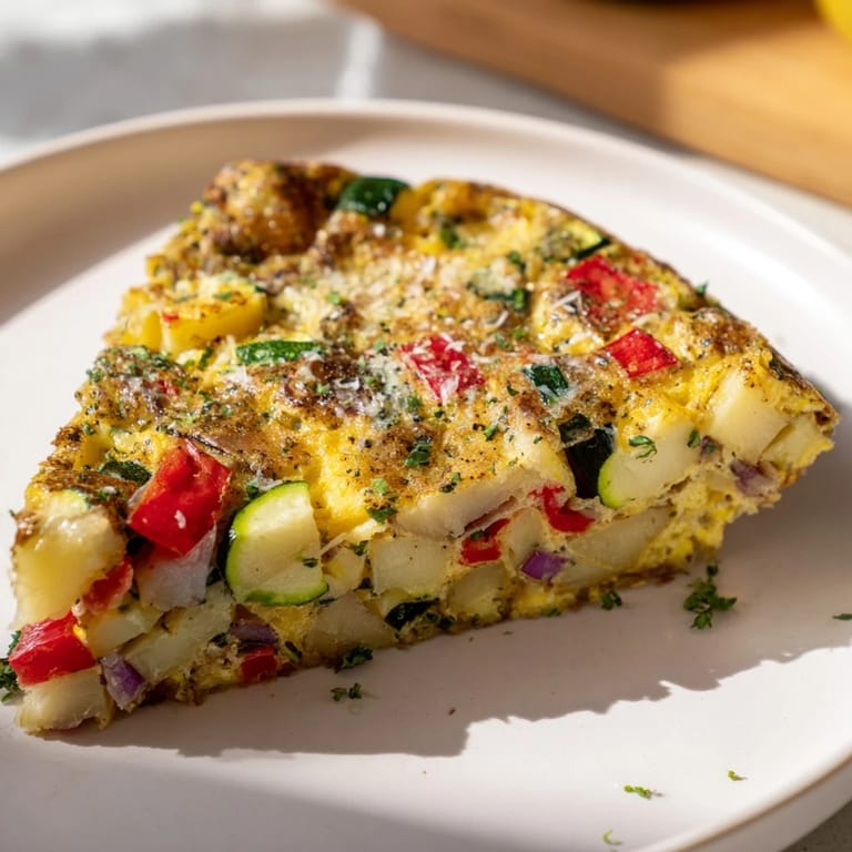 A colorful Potato and Vegetable Frittata, overflowing with cheese and fresh herbs, baked until golden.
