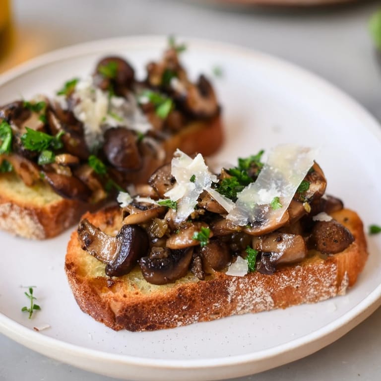 Close-up of savory Bruschetta: toasted bread topped with garlic mushrooms, a perfect starter for gatherings.