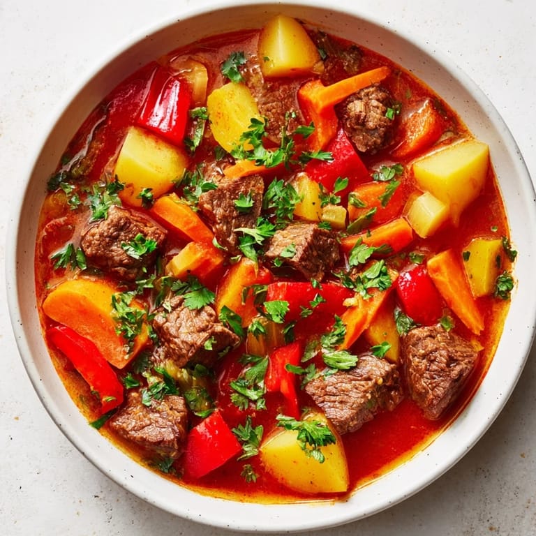 A steaming bowl of Goulash Soup; imagine the rich aroma of paprika and hearty beef.