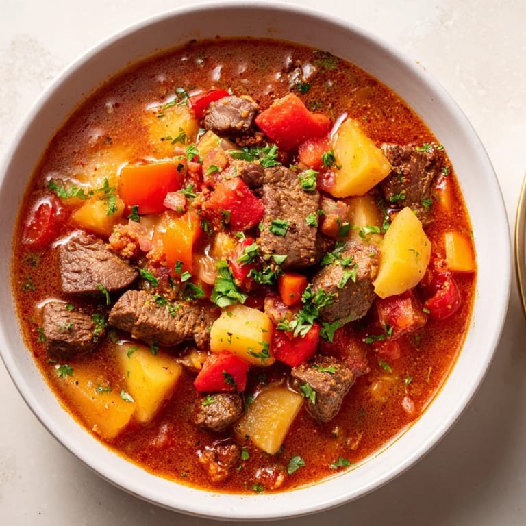 Delicious homemade Goulash Soup, garnished with fresh parsley, perfect for a cozy dinner.