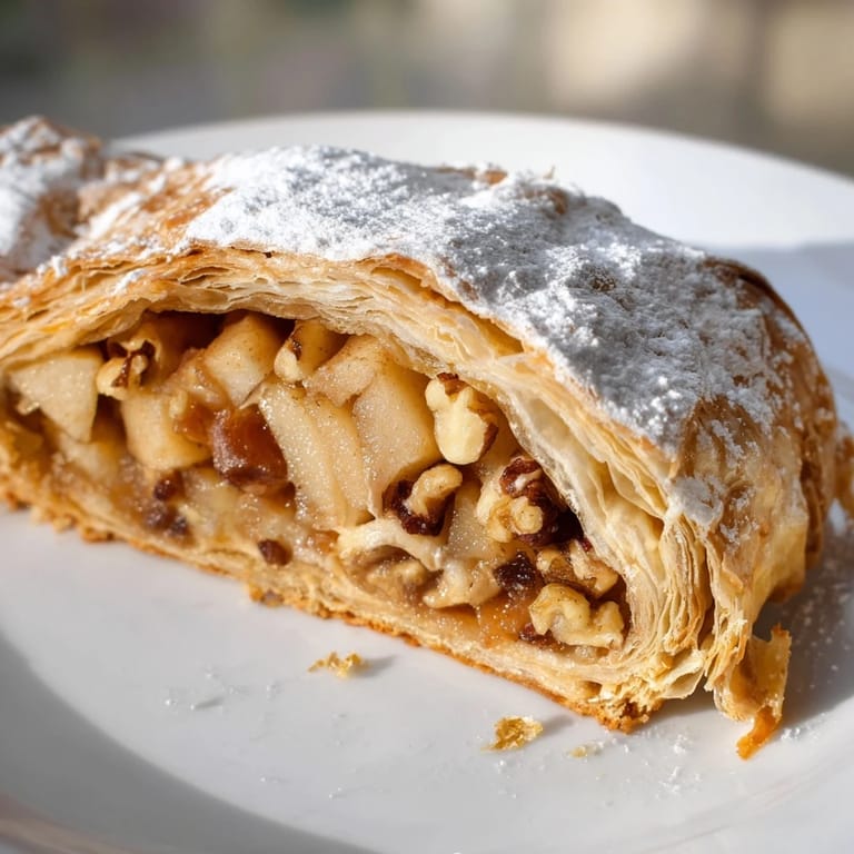 Warm apple strudel with puff pastry, a close-up showing the juicy apple filling.