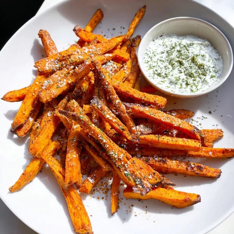 Close-up of baked sweet potato fries, seasoned and ready to dip into herbed yogurt.
