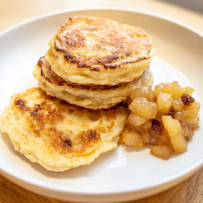 A close-up of freshly fried Quarkkeulchen, a German pancake, drizzled with sweet apple compote.