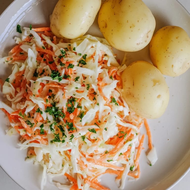 This close-up displays the refreshing colors of homemade Krautsalat & Pellkartoffeln, a classic German side.