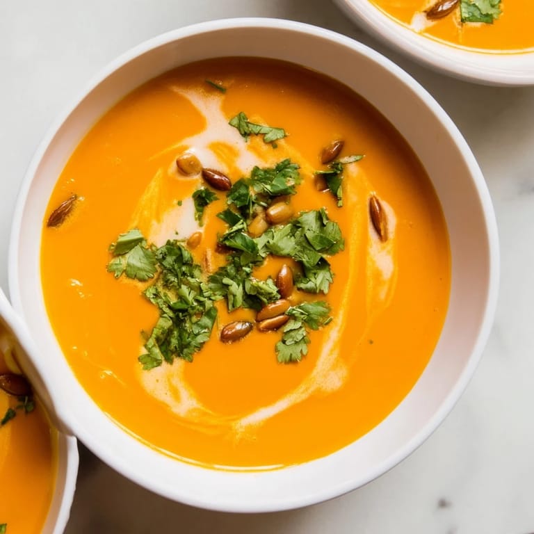 Steaming bowl of Sweet Potato & Carrot Soup, garnished with fresh cilantro, ready to eat.