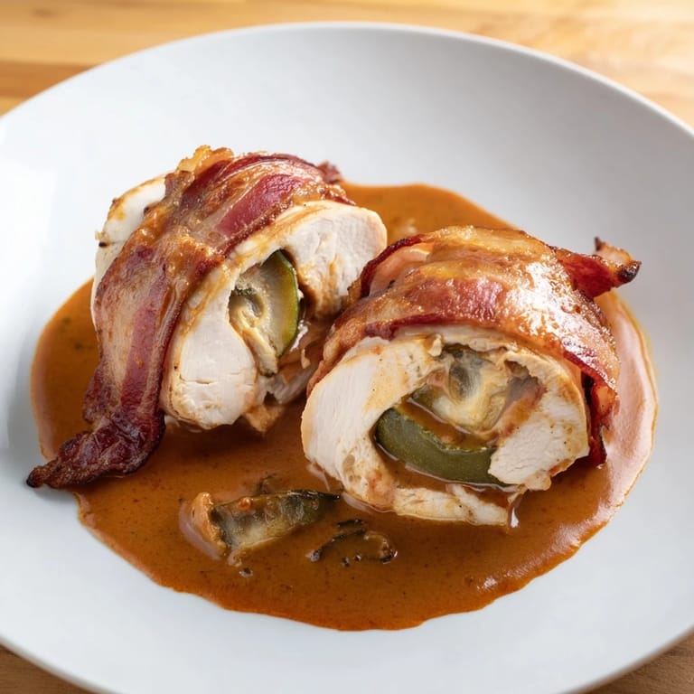 Savory Quick Chicken Rouladen Rolls with juicy chicken, bacon, and pickles, simmering in a flavorful sauce.