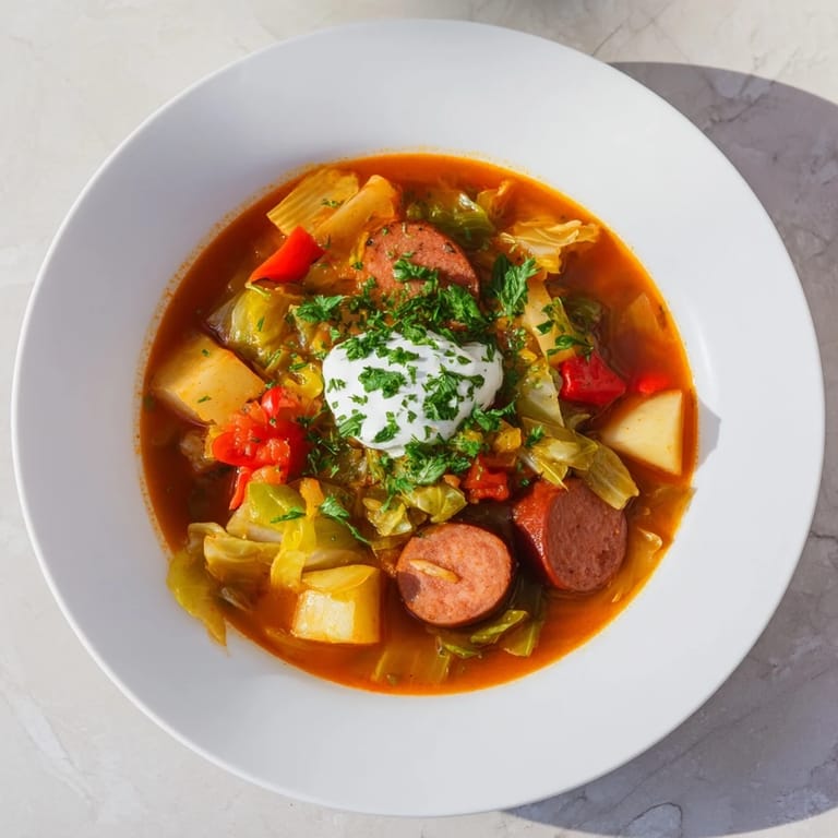 Flavorful Effortless Sausage and Cabbage Stew bubbling gently, showcasing vibrant vegetables and smoky sausage.