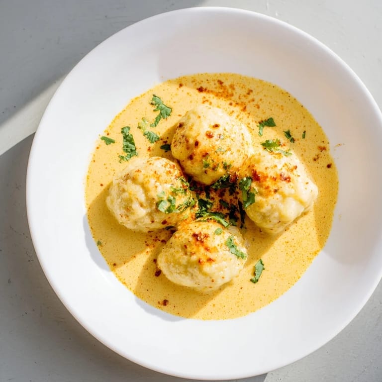 Warm, golden Curry Comfort Potato Dumplings swimming in a vibrant curry sauce, ready to eat.