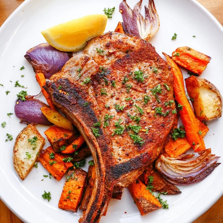Tender, perfectly cooked The Perfect Sheet Pan Pork Chop with aromatic roasted root vegetables and a squeeze of fresh lemon.
